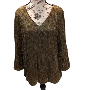 Alfani‎ Women's Plus Size Metallic Gold/Black Balloon-Cuff Top Size 1X